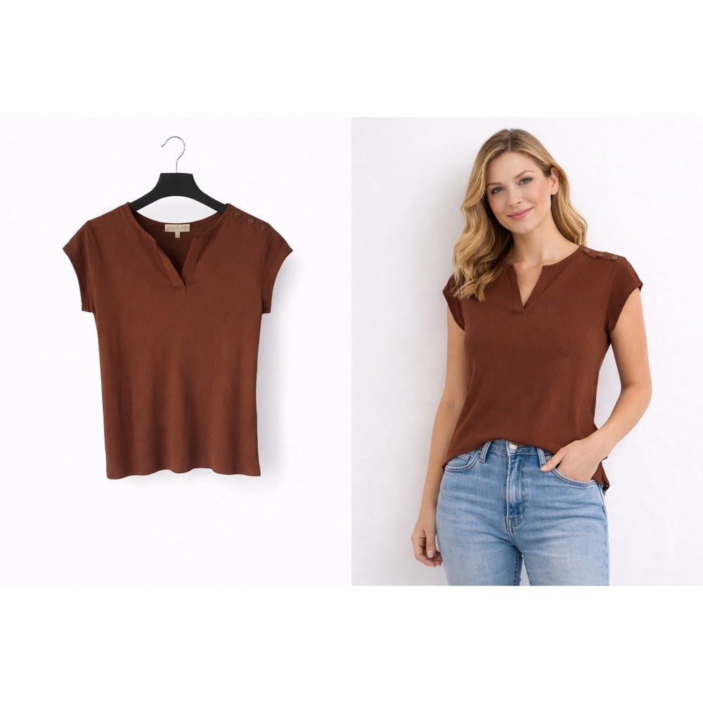 Joie de Vivre Ribbed Knit Top W Small Brown NEW Split Button Shoulder Earthy